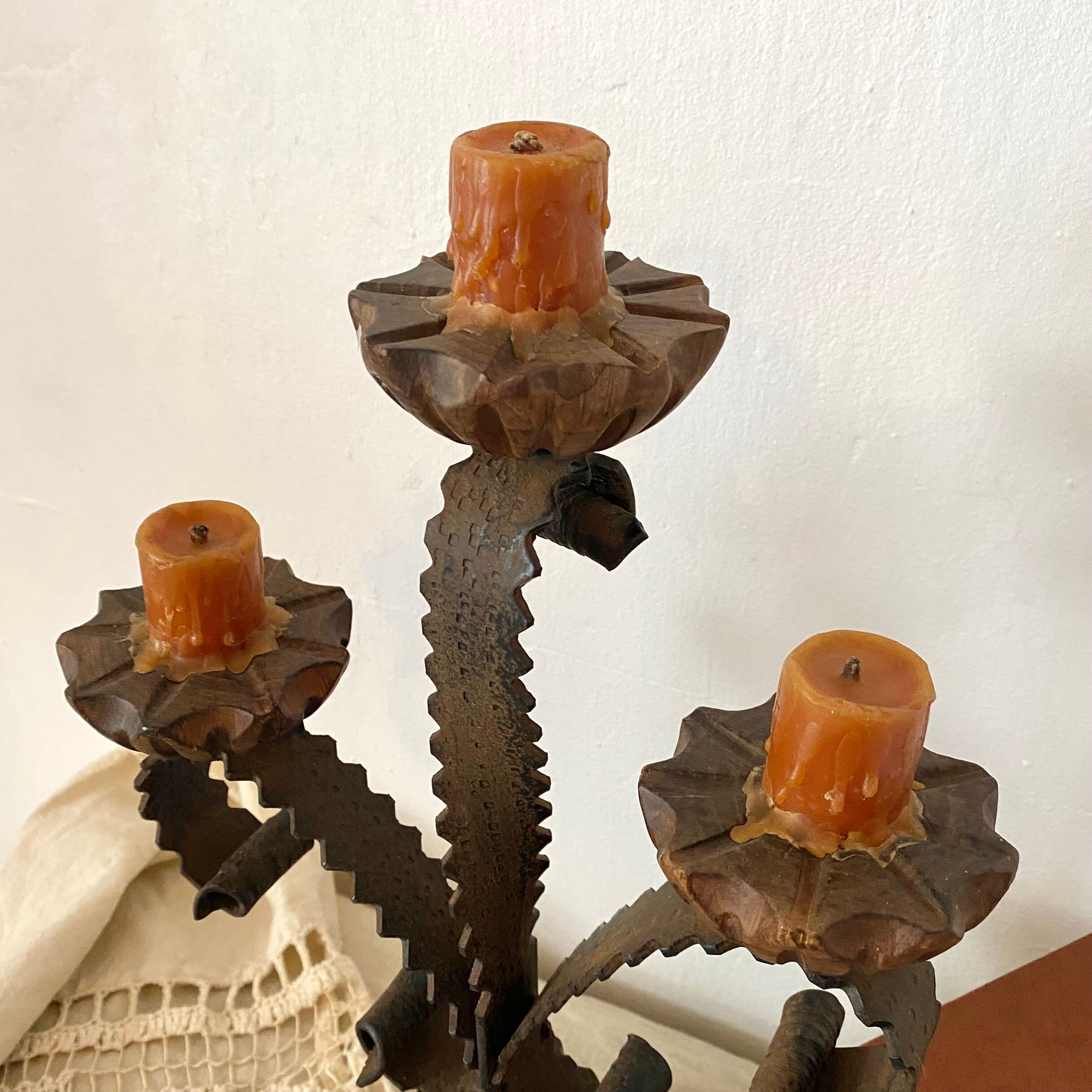 Vintage wooden and wrought iron chandelier