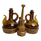 Vintage oil and vinegar server, Biot, olive wood, 20th century.