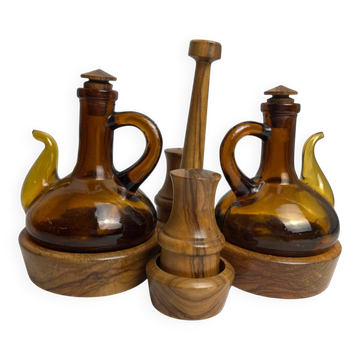 Vintage oil and vinegar server, Biot, olive wood, 20th century.