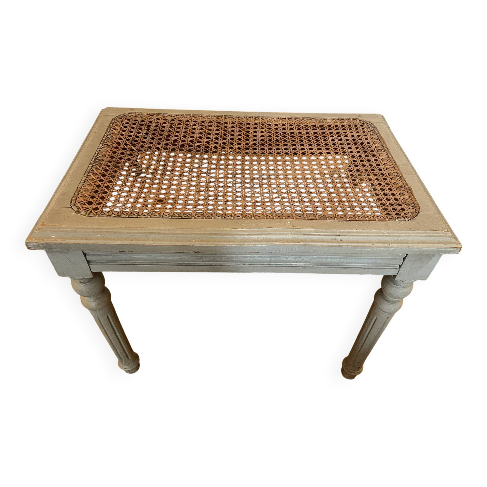Footrest / bedroom stool Louis XVI — Celadon grey lacquered — Caned