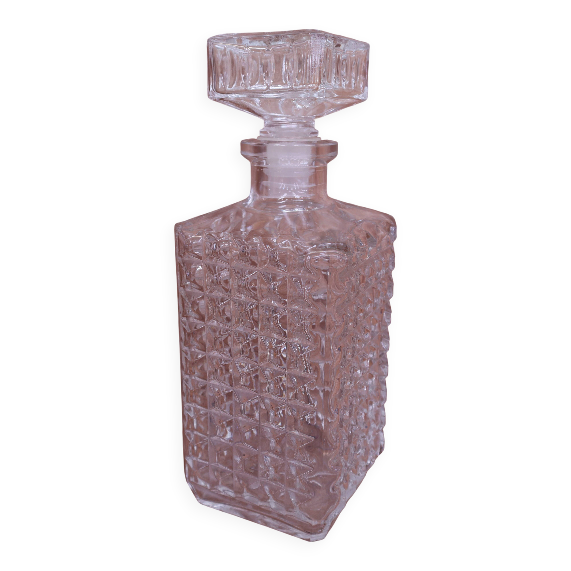 Vintage cut glass whisky decanter with diamond point design, 1960s.