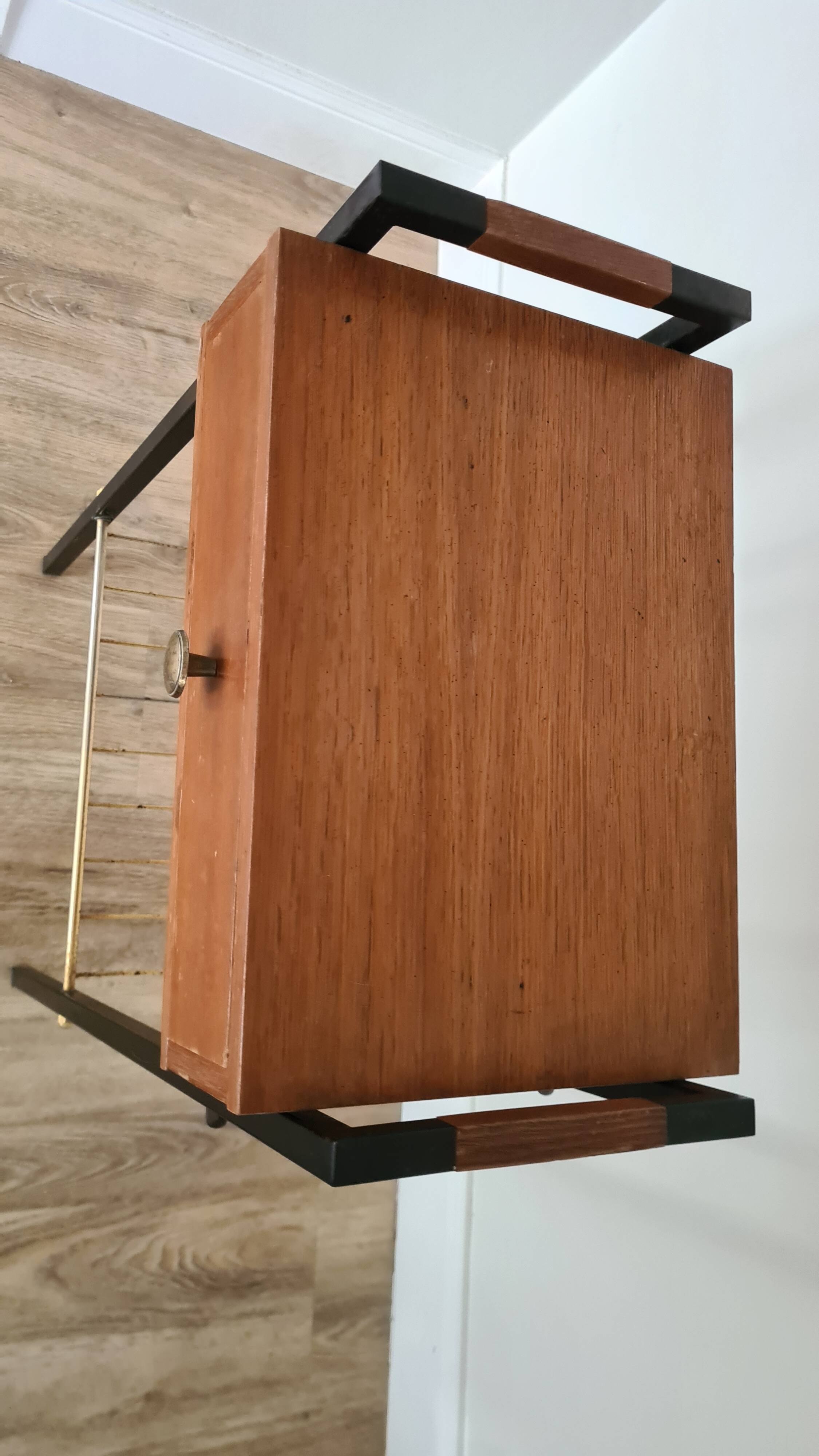 Pierre Guariche style bedside table, wood and metal, vintage, 60s