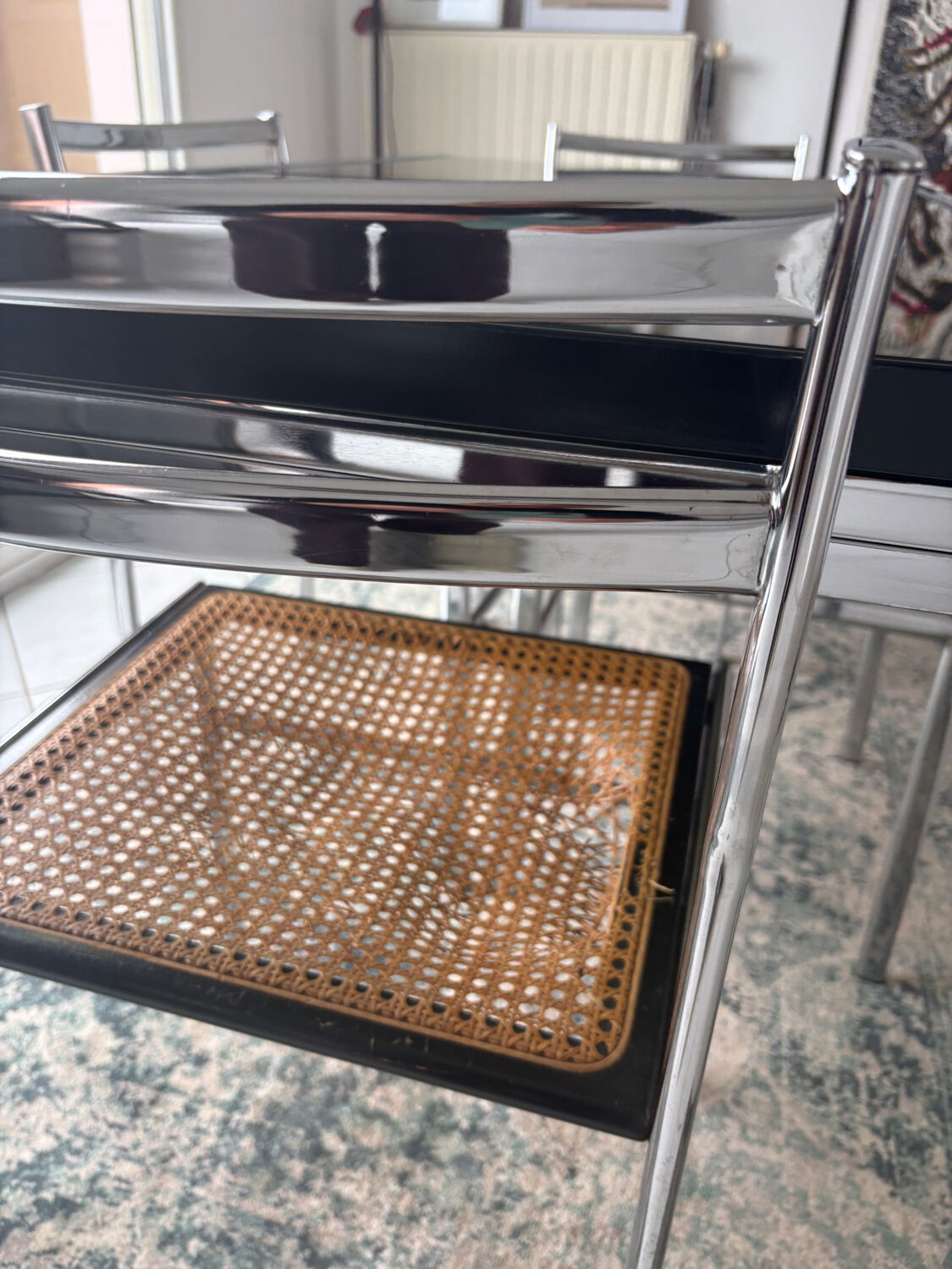 Vintage dining set – smoked glass & chrome – 5 chairs – year