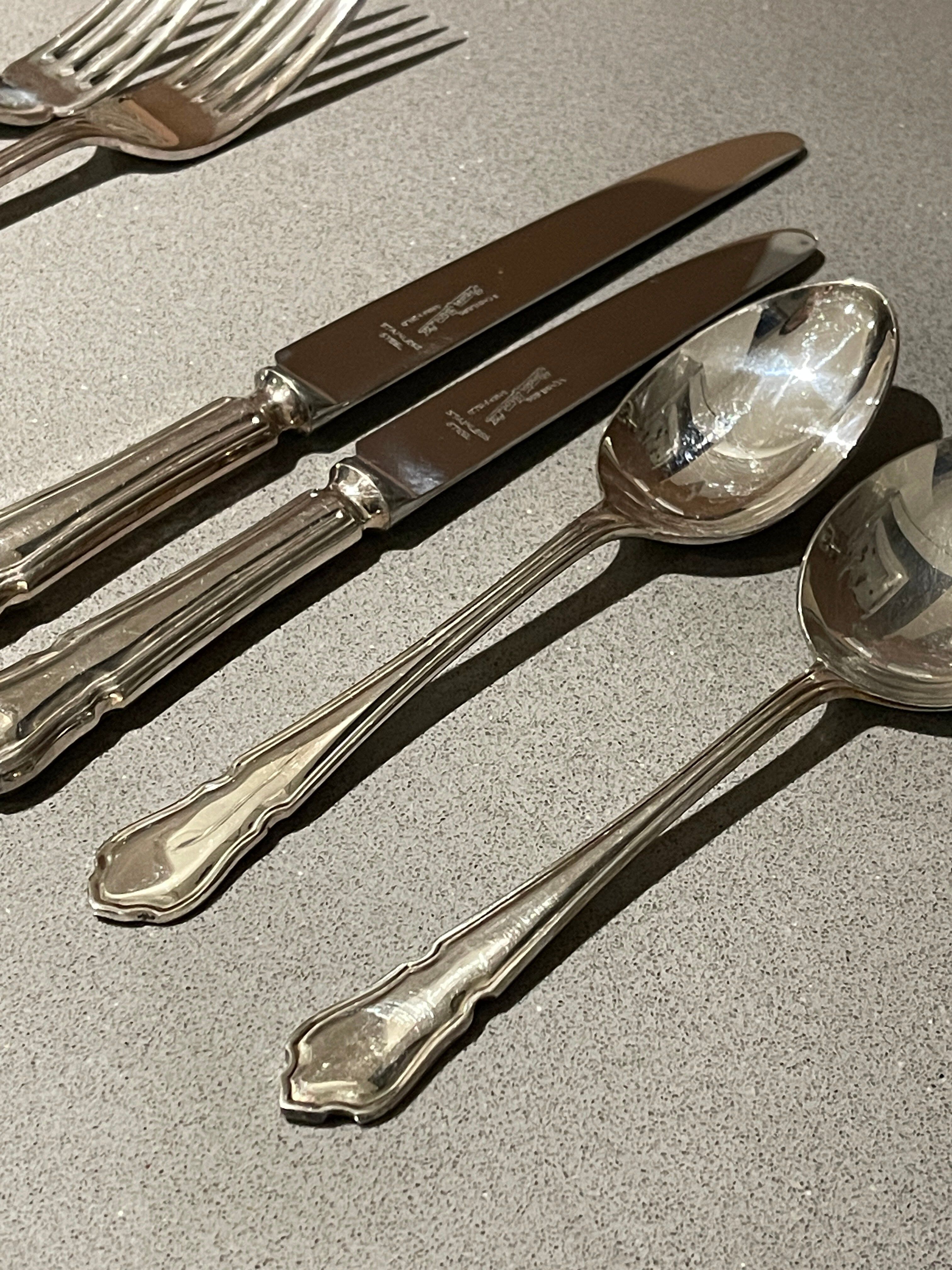 Table Knife Fork Silver Plated Set of Cutlery 37 England Antique Art Deco