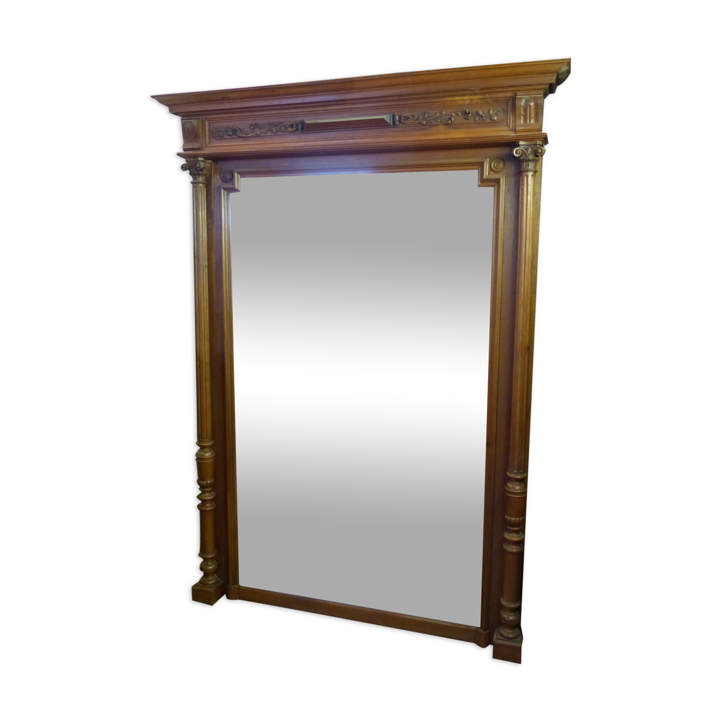 Old very large mirror Henri 2 wooden frame with columns beveled glass