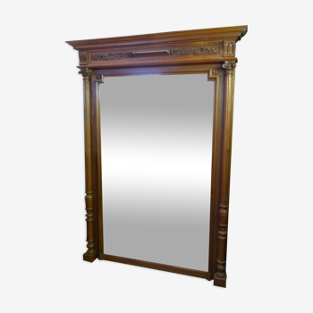 Old very large mirror Henri 2 wooden frame with columns beveled glass