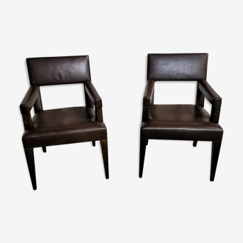 Paire de fauteuils en cuir vachette française de Michel Hurel