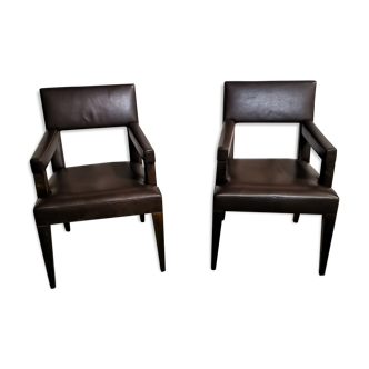 pair of leather armchairs (French cow) by Michel Hurel