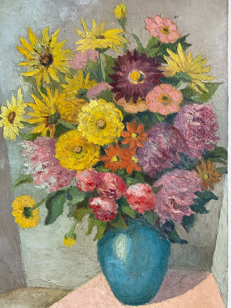Antique painting, still life with blue vase and flowers, mid-20th century