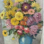 Antique painting, still life with blue vase and flowers, mid-20th century