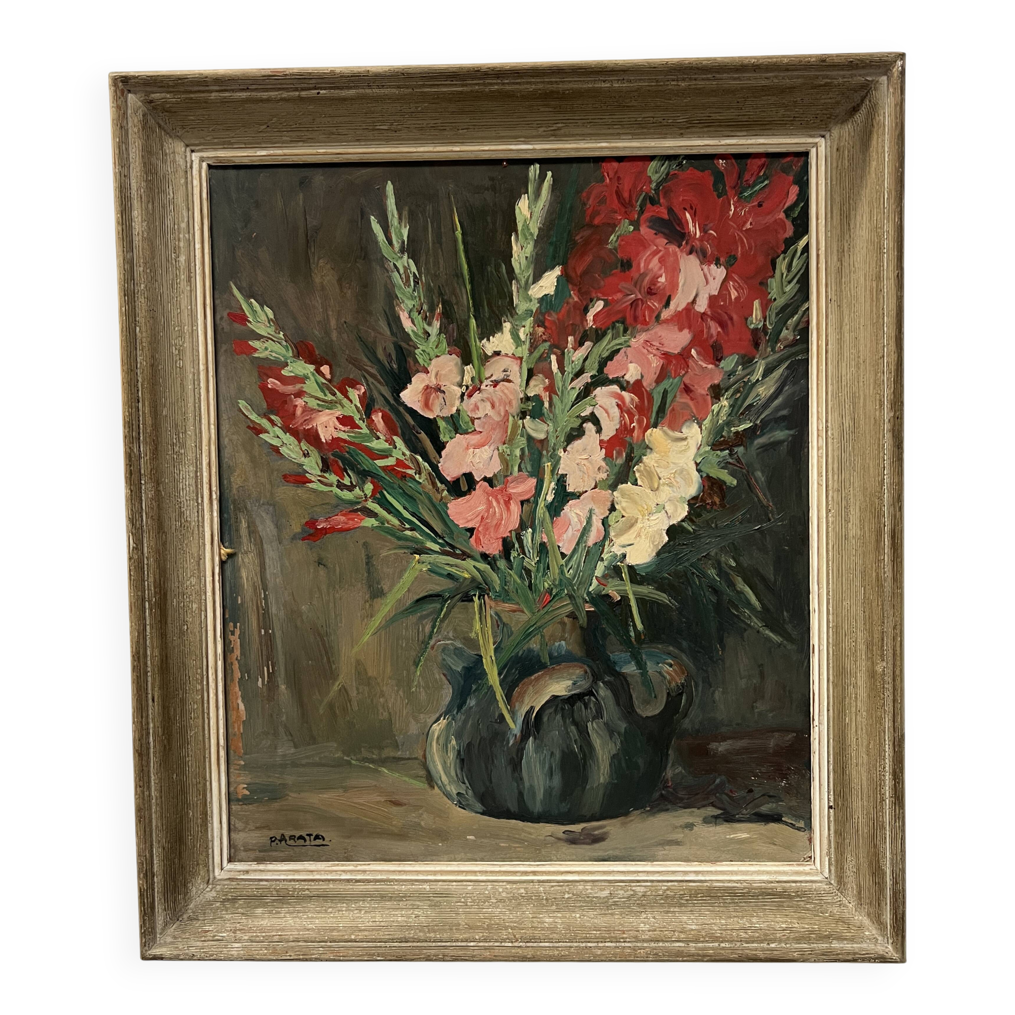 Oil on isorel "the bouquet of gladioli" signed p. arata 20th century