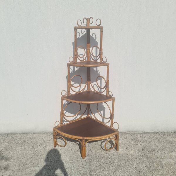Bibliothèque étagère angle rotin bambou vintage 1960 (peacock / Emmanuelle)