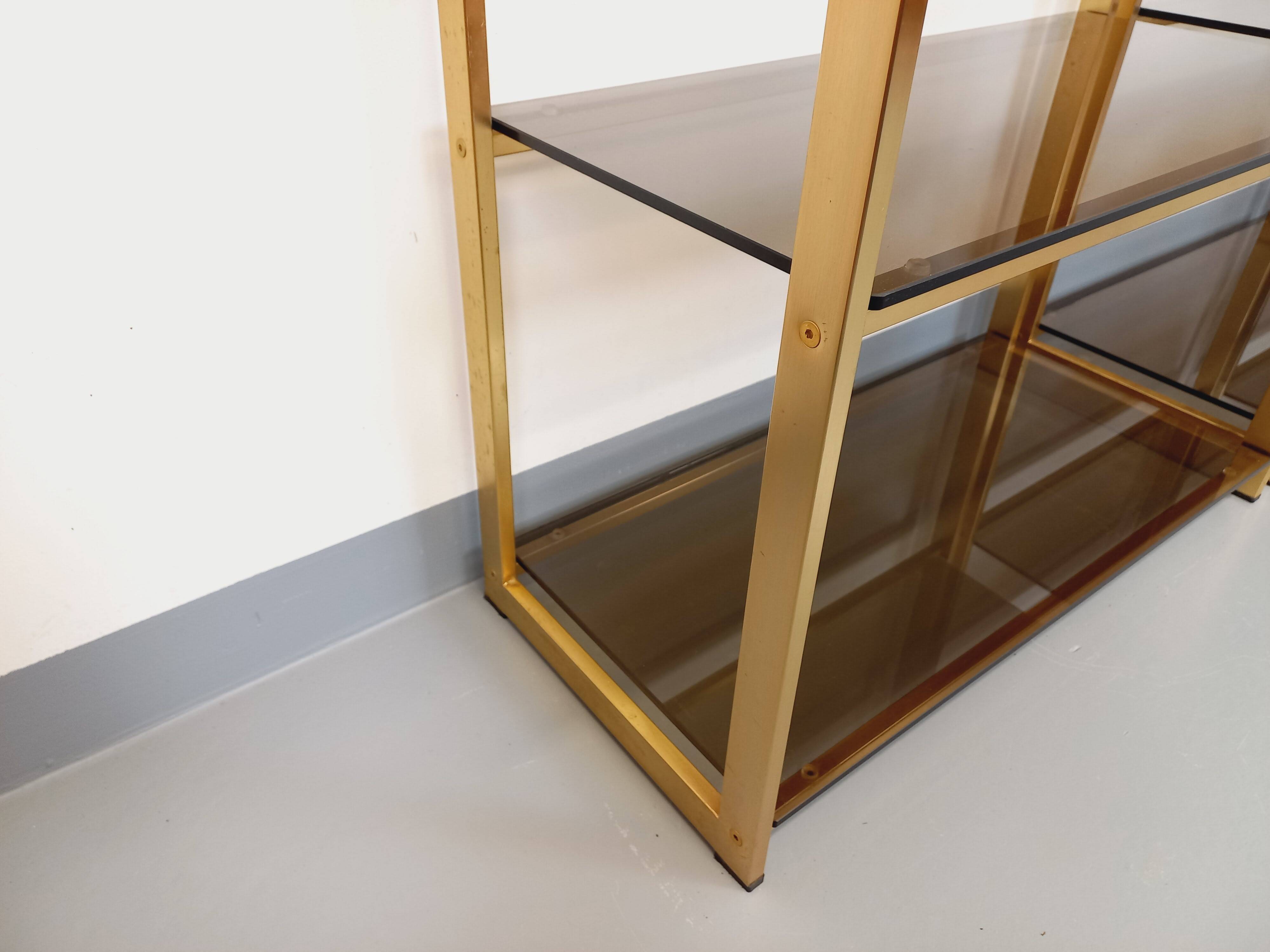 Artelano vintage bookcase shelves in gold metal smoked glass from the 70s