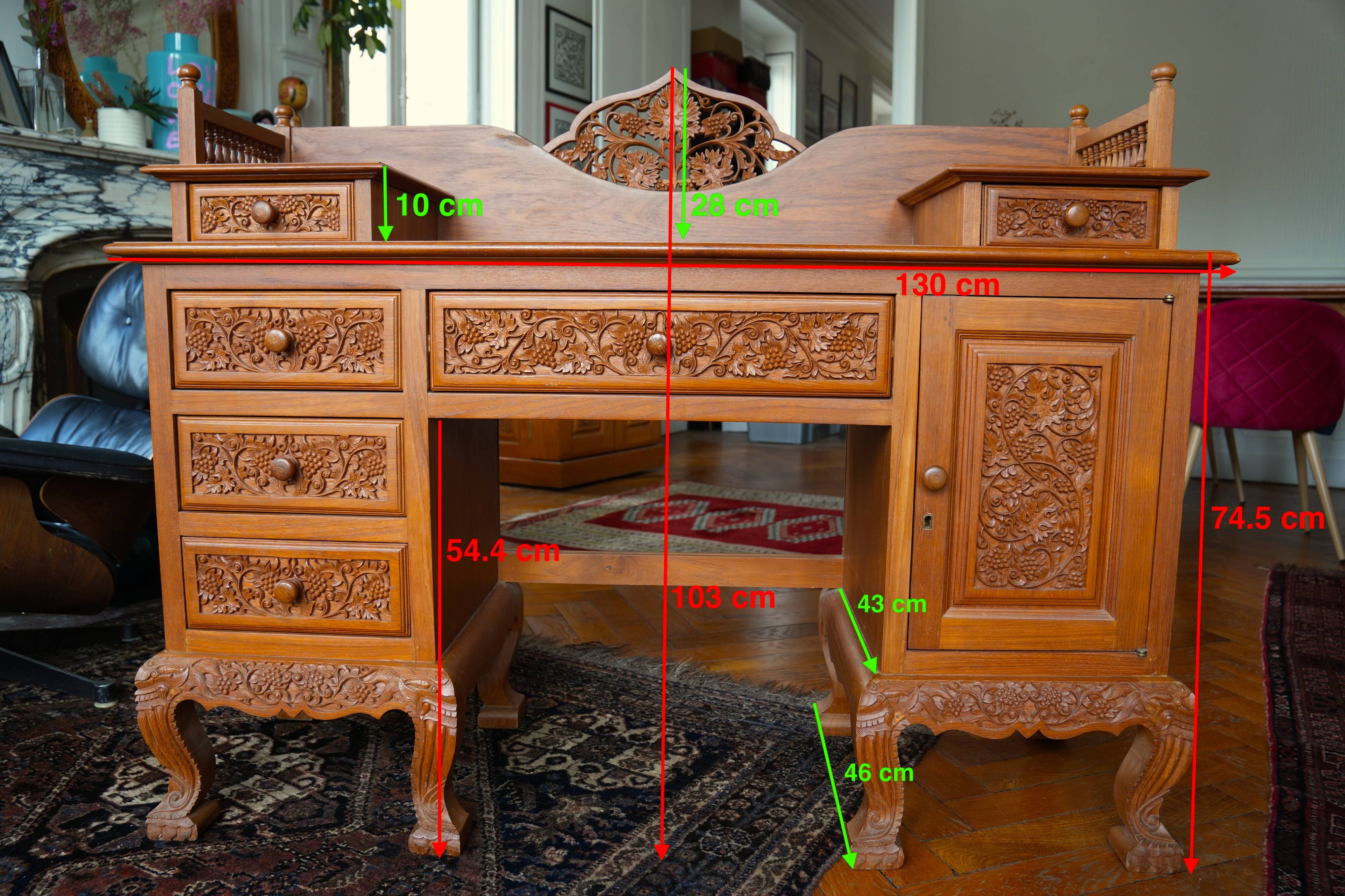 Vintage Vanity Desk, unique hand carved, Chiang Mai teak wood
