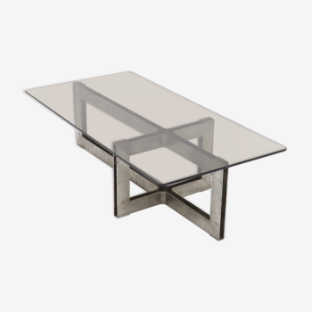 Brutalist steel and smoked glass coffee table 1970s