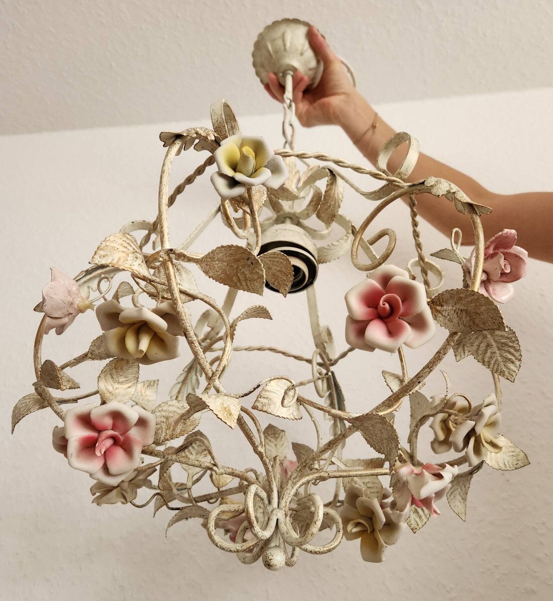 Hand-forged vintage pendant lamp with porcelain roses, Denz Neheim Hüsten