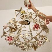 Hand-forged vintage pendant lamp with porcelain roses, Denz Neheim Hüsten