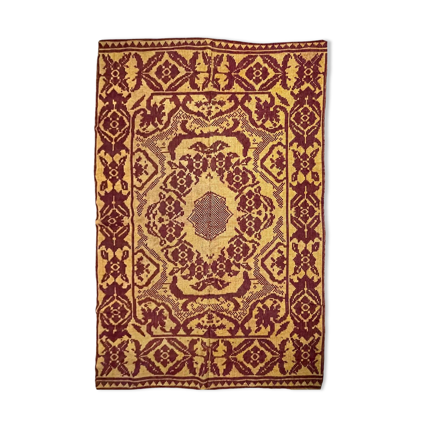 Vintage Romanian carpet floral design brown on yellow background 251x150cm