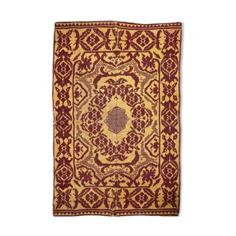 Vintage Romanian carpet floral design brown on yellow background 251x150cm