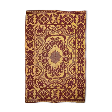 Tapis vintage roumain design floral marron sur fond jaune 251x150cm