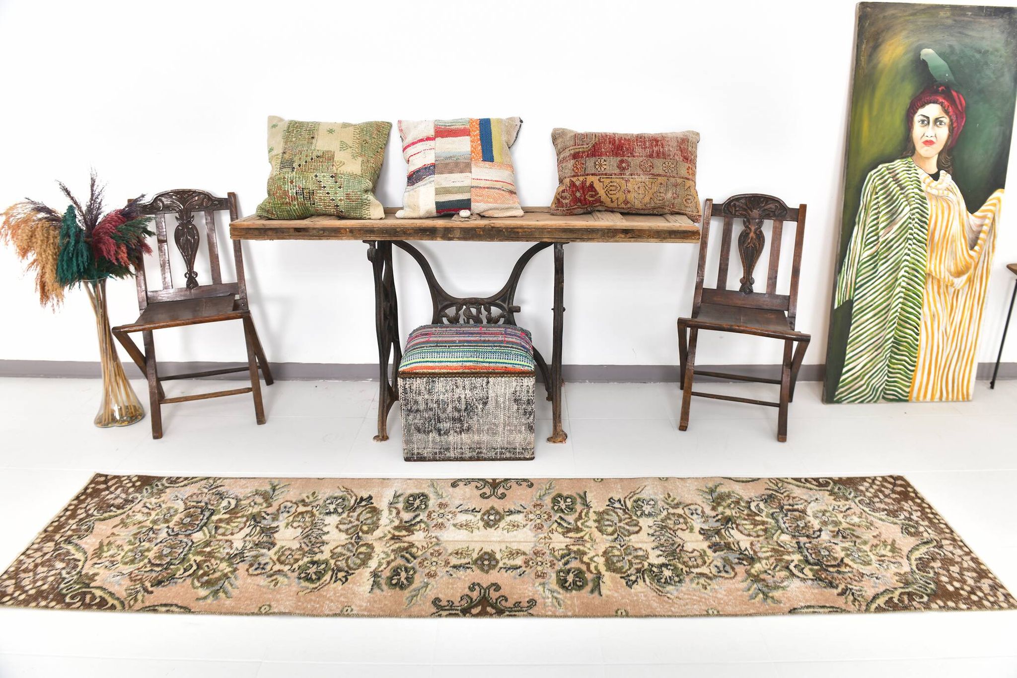 2x9 Rug For Floral Green Turkish Vintage Runner Rug, 64x279Cm SKU 24965