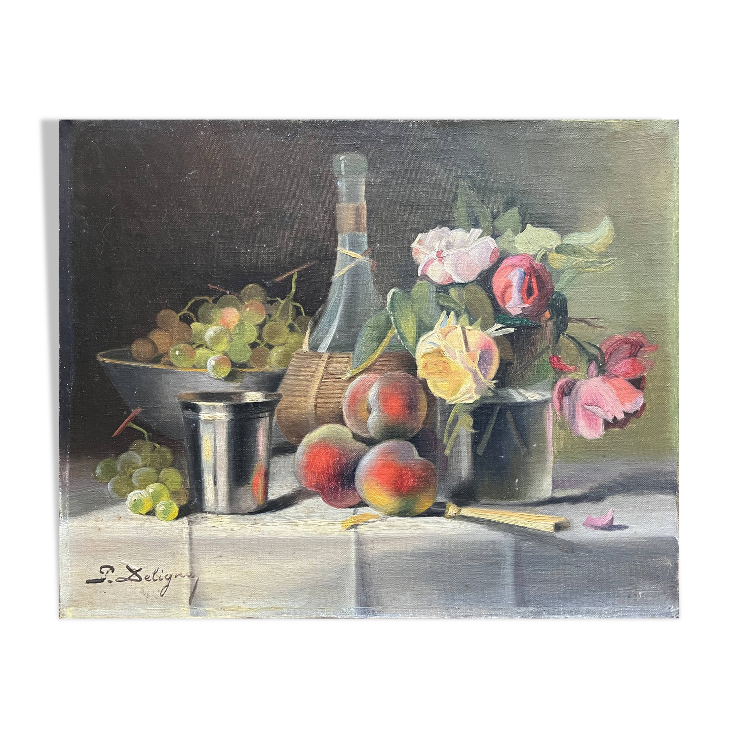 HST painting "Still life with peaches and roses" Paul Edouard Deligny (1864-