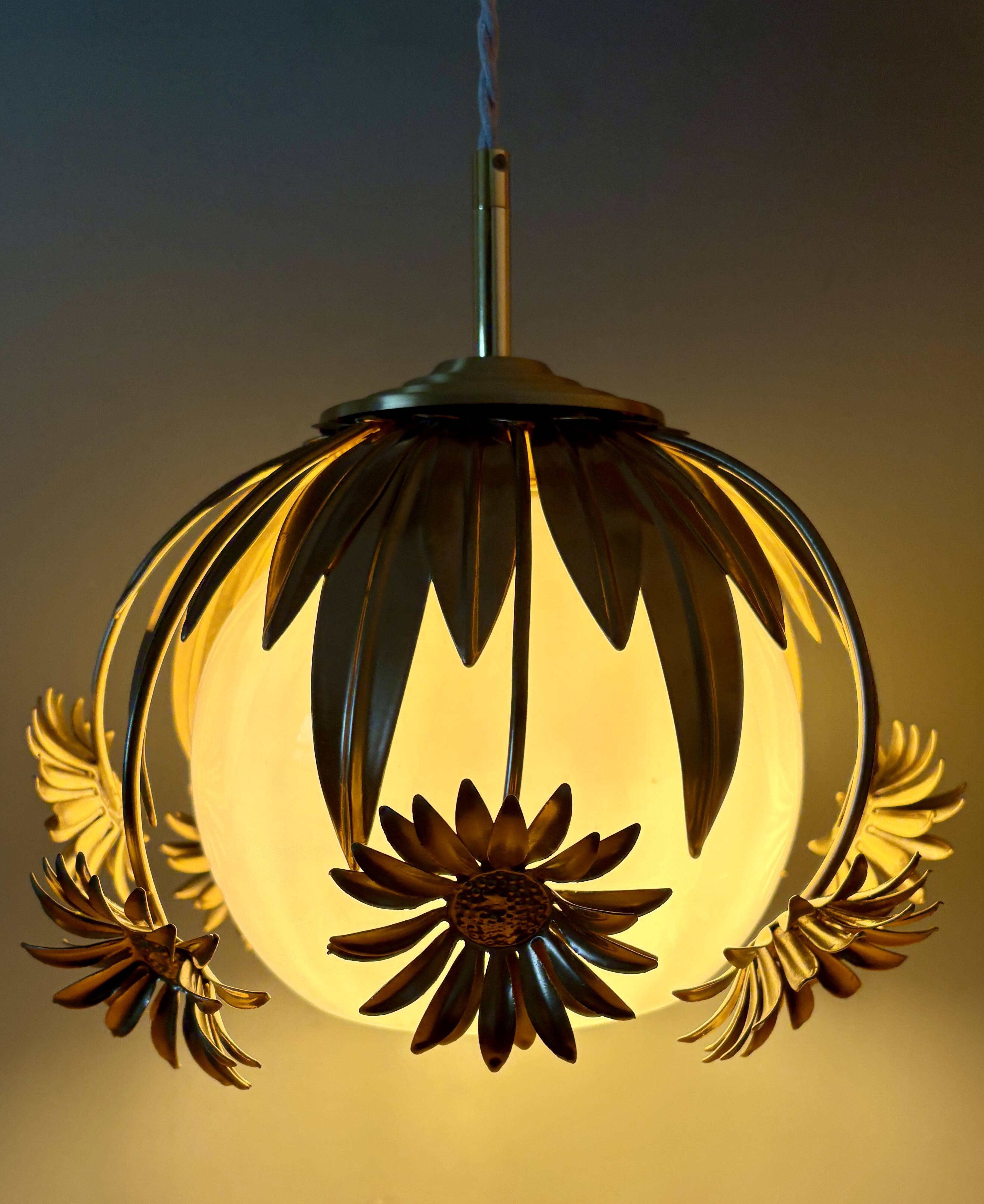 Pendant light in gilded metal and antique opaline globe