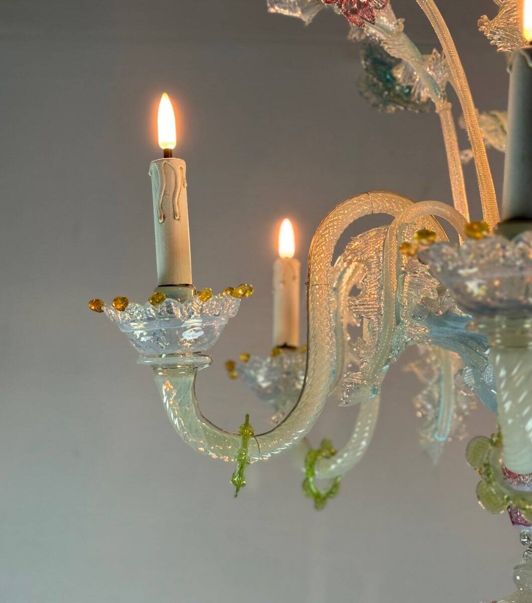 Multi-Colored Murano Glass Venetian Chandelier, Six Light Arms, Circa 1900