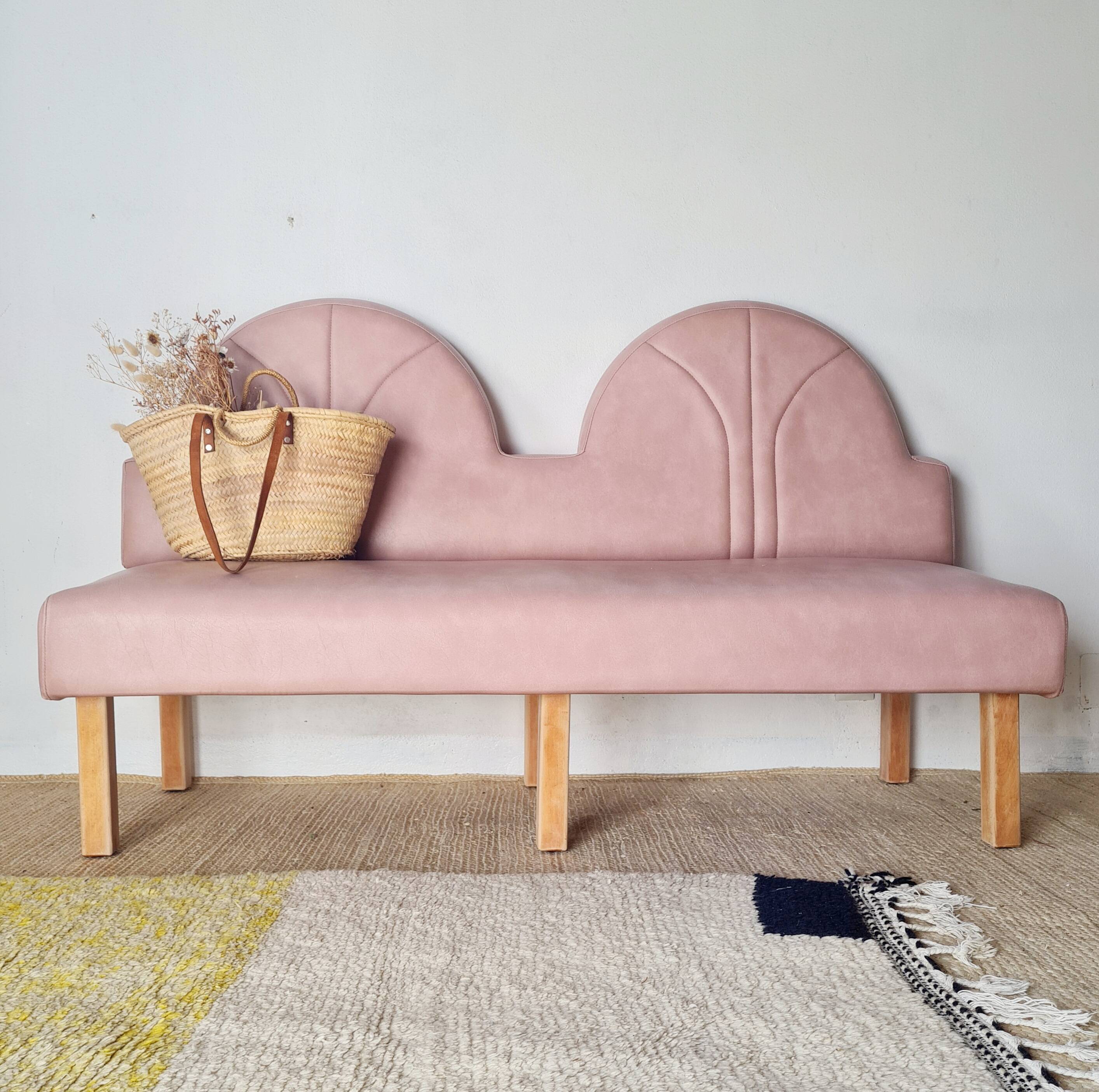 Pink faux leather bistro bench for 3 people