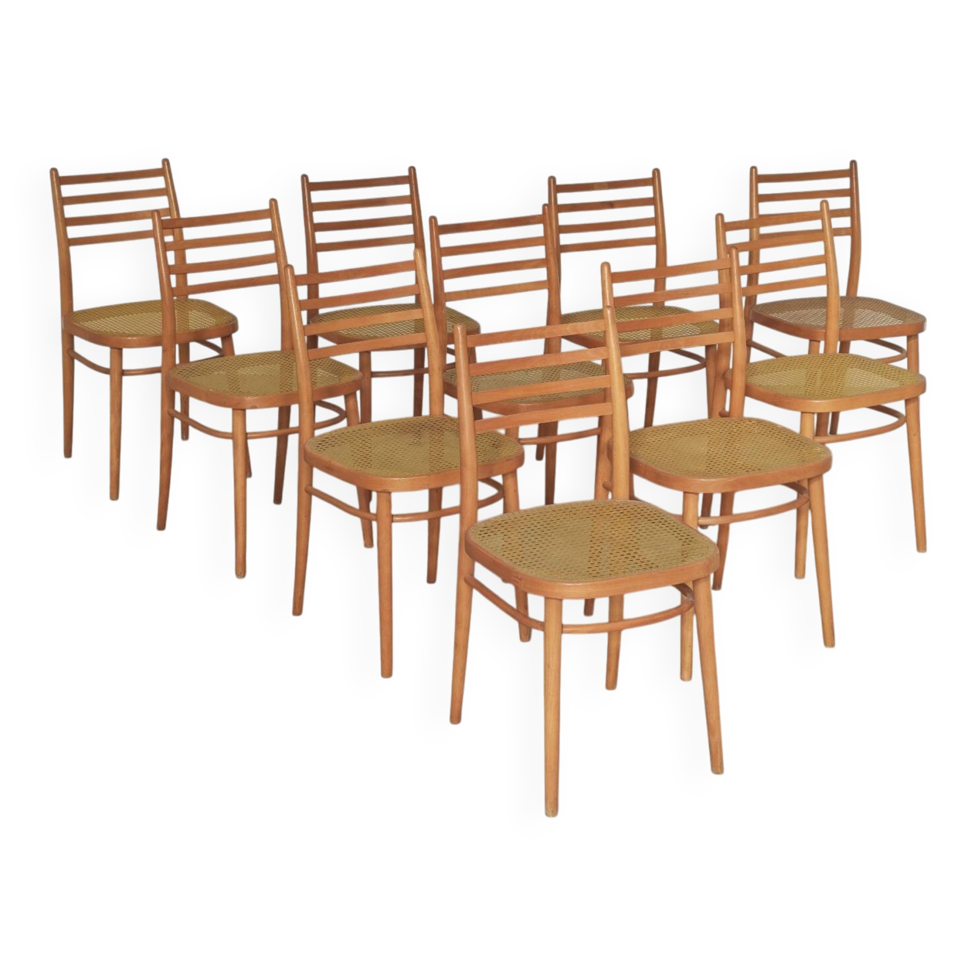 Set of 10 Bystrice tone wooden and caned chairs from the 1960s.