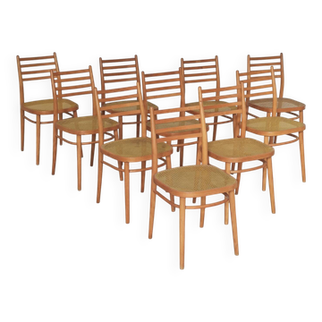 Set of 10 Bystrice tone wooden and caned chairs from the 1960s.
