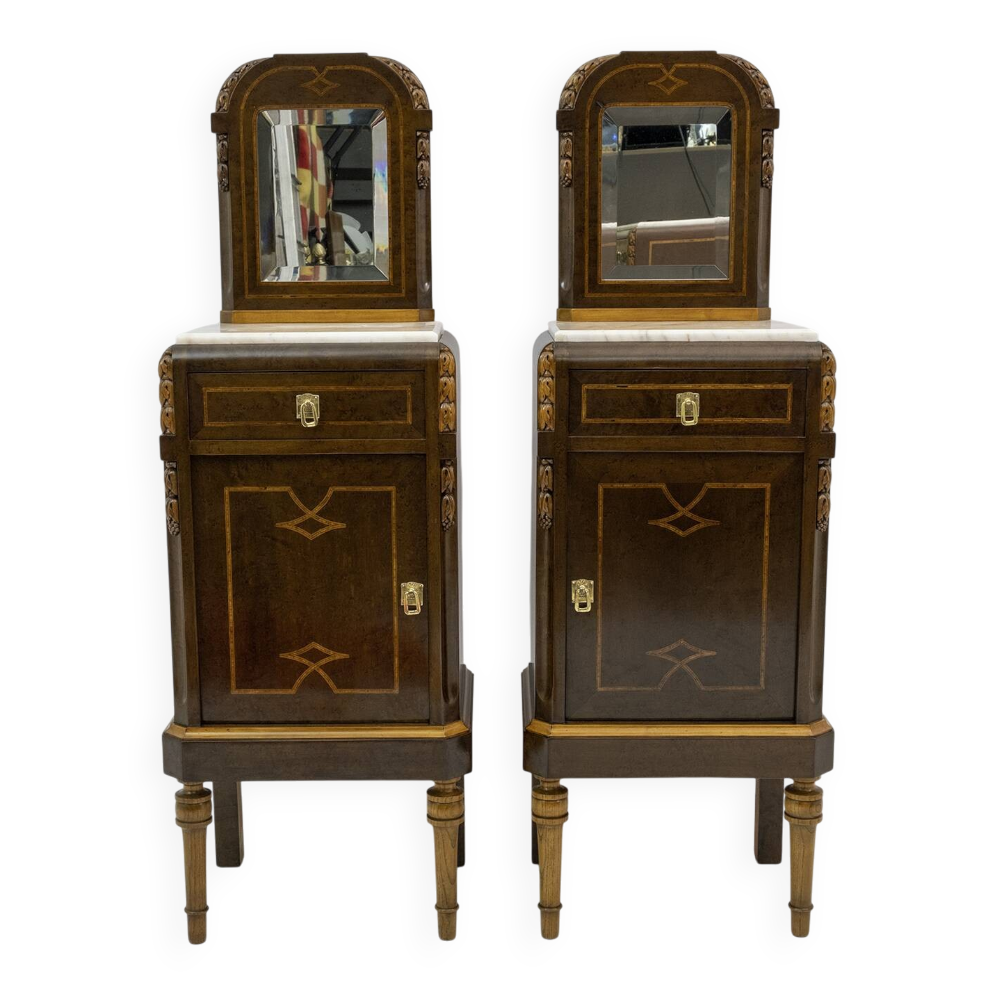 Pair of Liberty Italian Thuja Briar and Pink Portugal Marble Bedside Tables