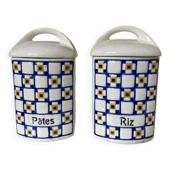 Lot de 2 pots à épices anciens Pâtes et Riz motif damier look rétro