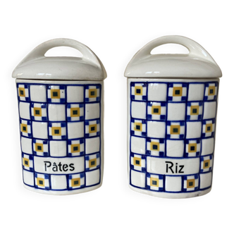Set of 2 old spice pots Pasta and Rice checkerboard pattern retro look