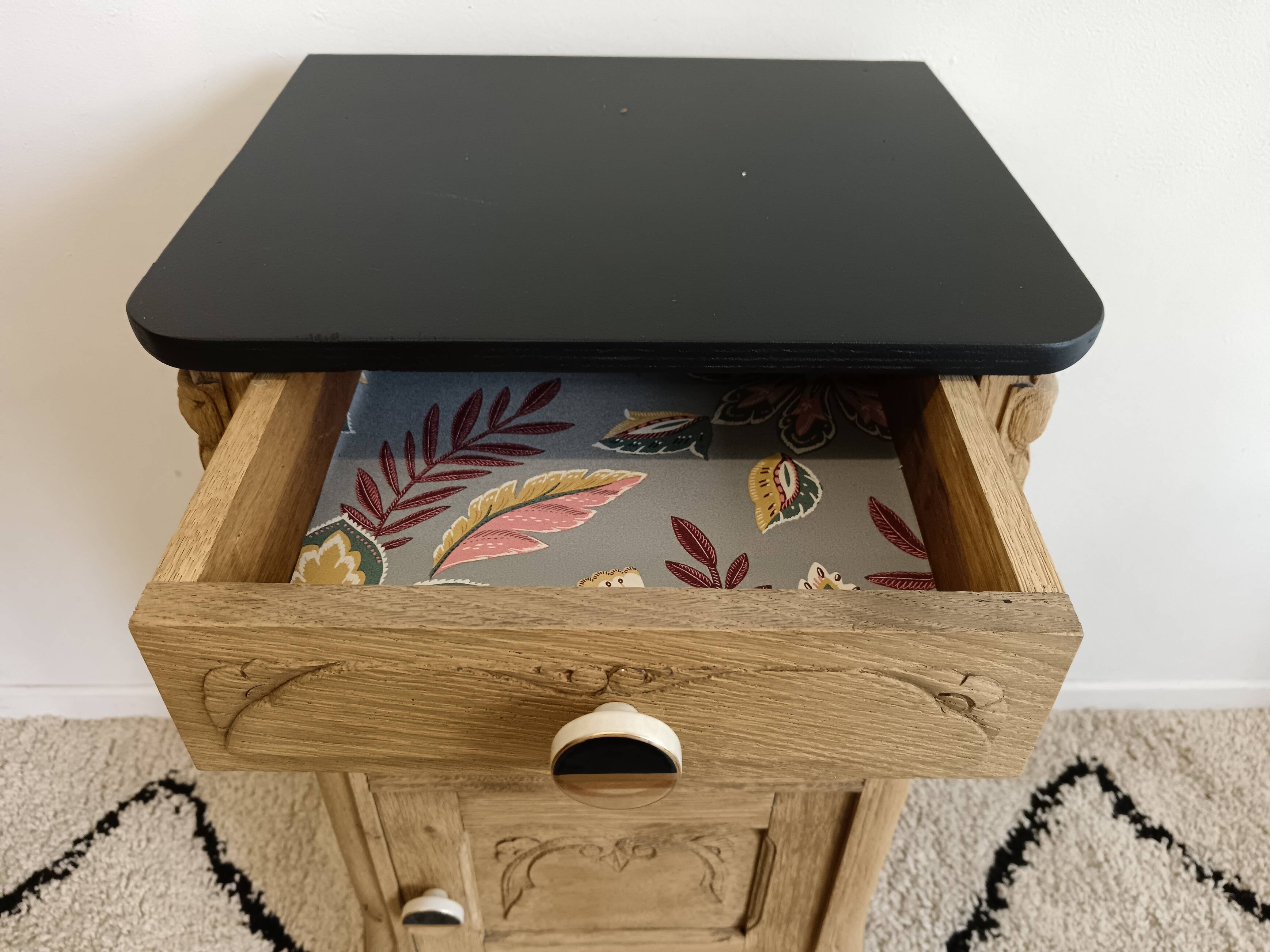 Bedside table in solid black oak and natural Art Deco wood