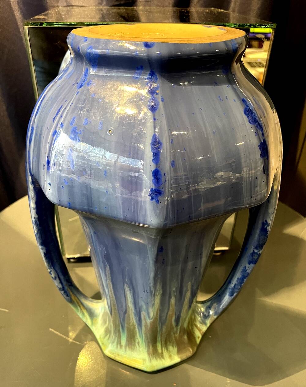 Grand vase forme amphore en gres de pierrefonds a couleur bleue et verte