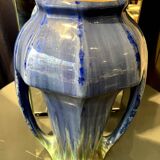 Grand vase forme amphore en gres de pierrefonds a couleur bleue et verte