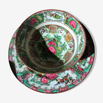 Lot de porcelaine chinoise : assiette et coupe vintage fleurs oiseaux papillons