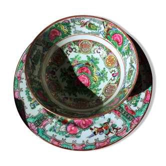 Lot de porcelaine chinoise : assiette et coupe vintage fleurs oiseaux papillons