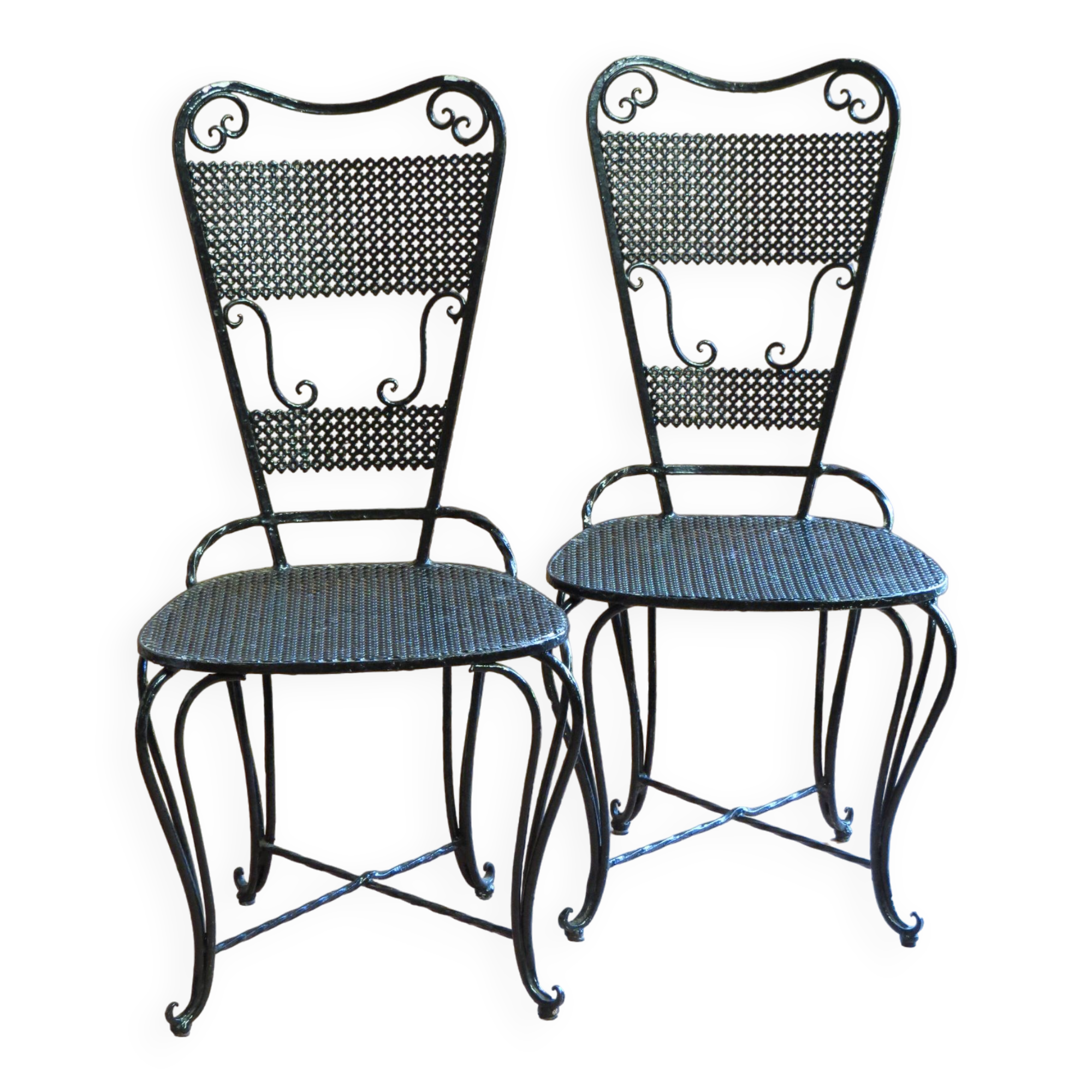 Pair of black lacquered wrought iron garden chairs