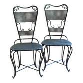 Pair of black lacquered wrought iron garden chairs