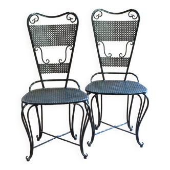 Pair of black lacquered wrought iron garden chairs