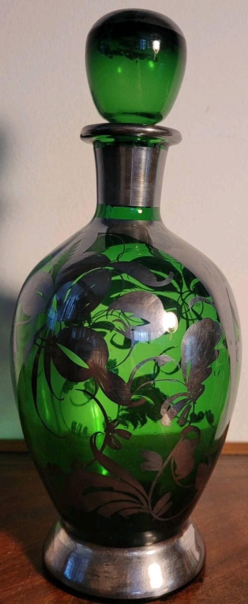 Murano glass alcohol bottle green & silver 1930s - 1940s.