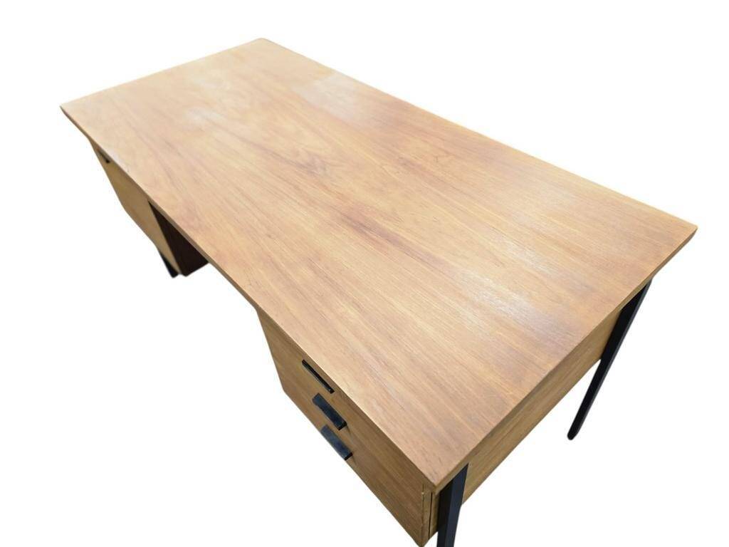 Vintage wooden desk with black steel frame