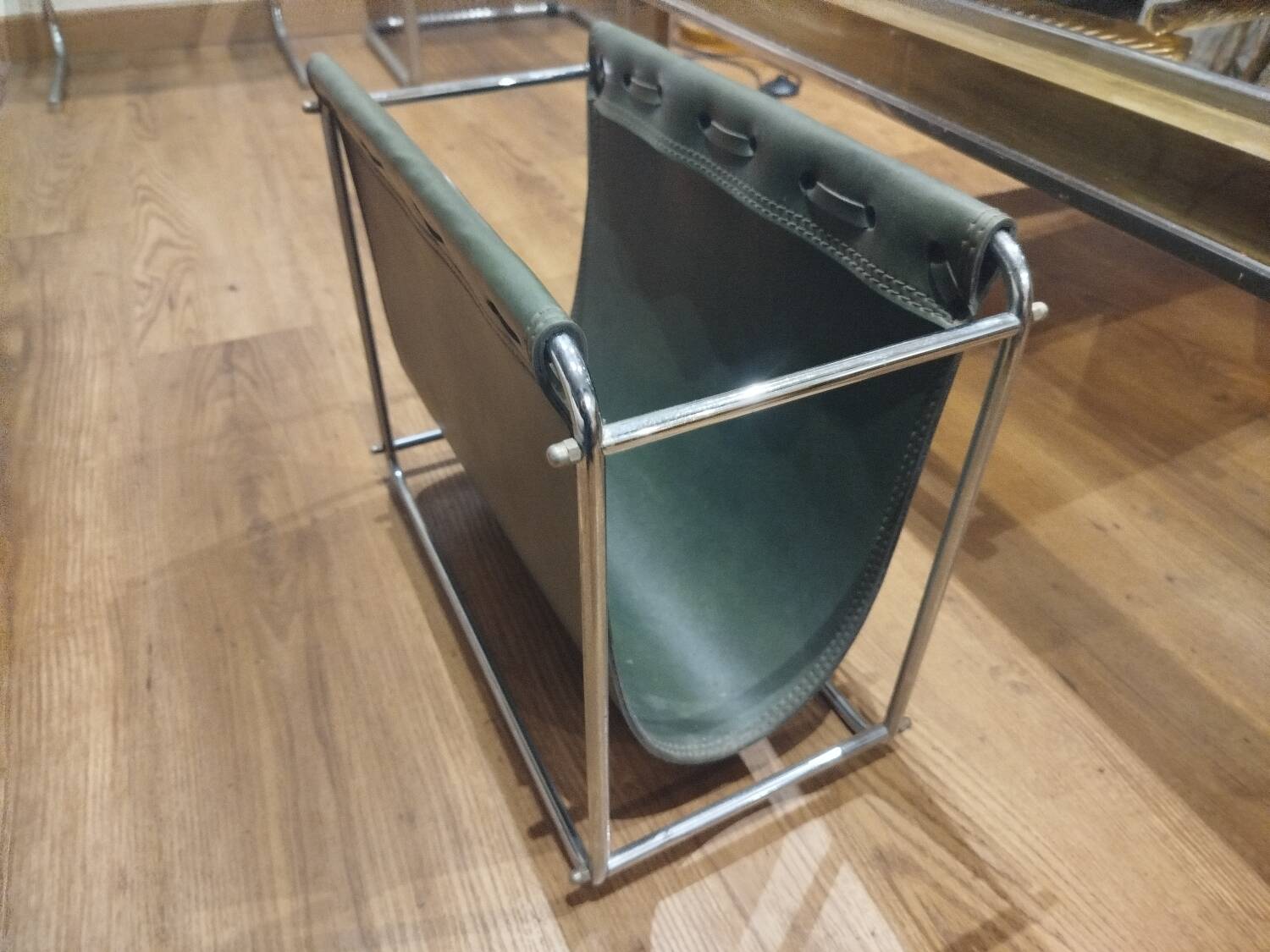 Designer leather magazine rack, 1970s