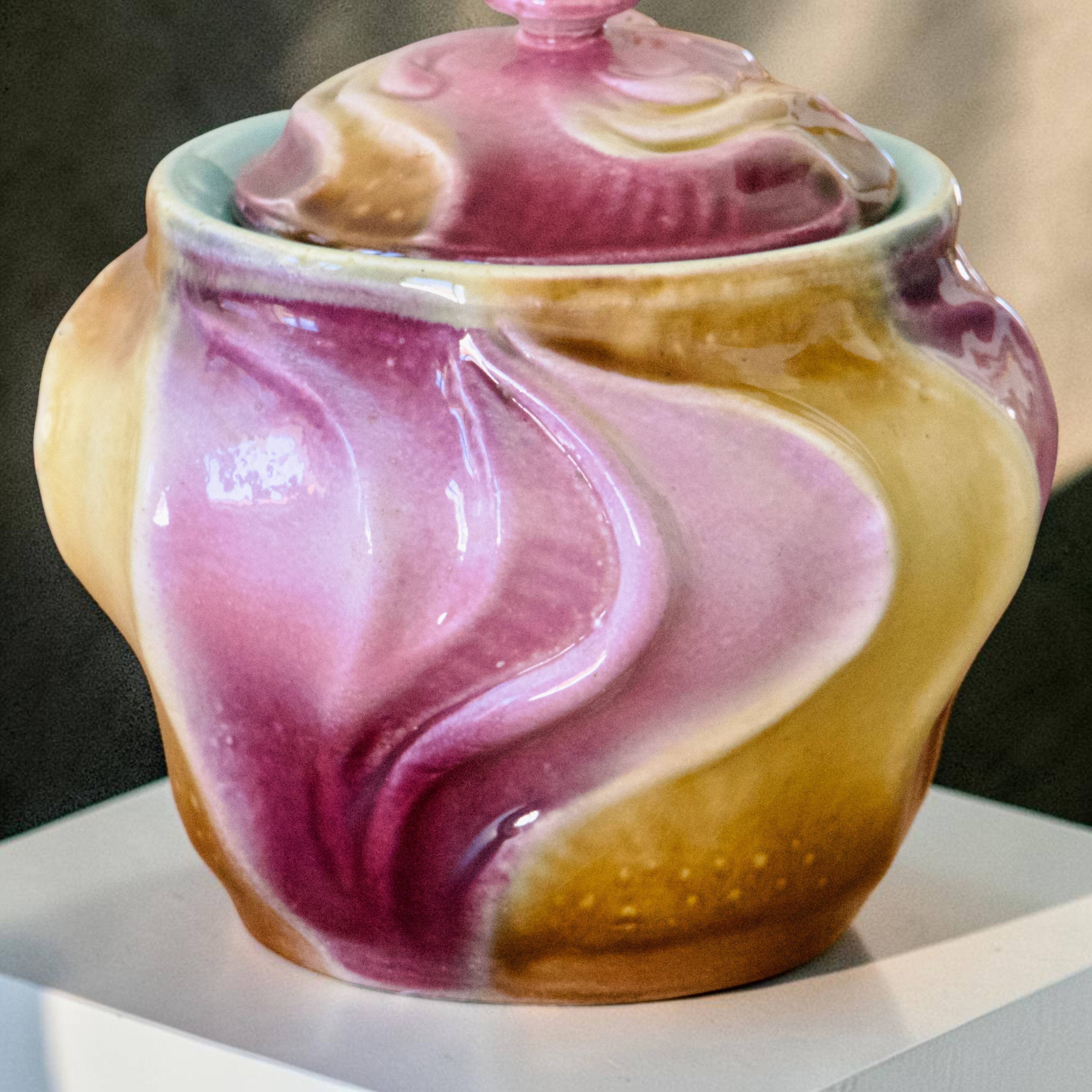 Antique tobacco pot from the Art Nouveau period signed Sarreguemines, in majolica.