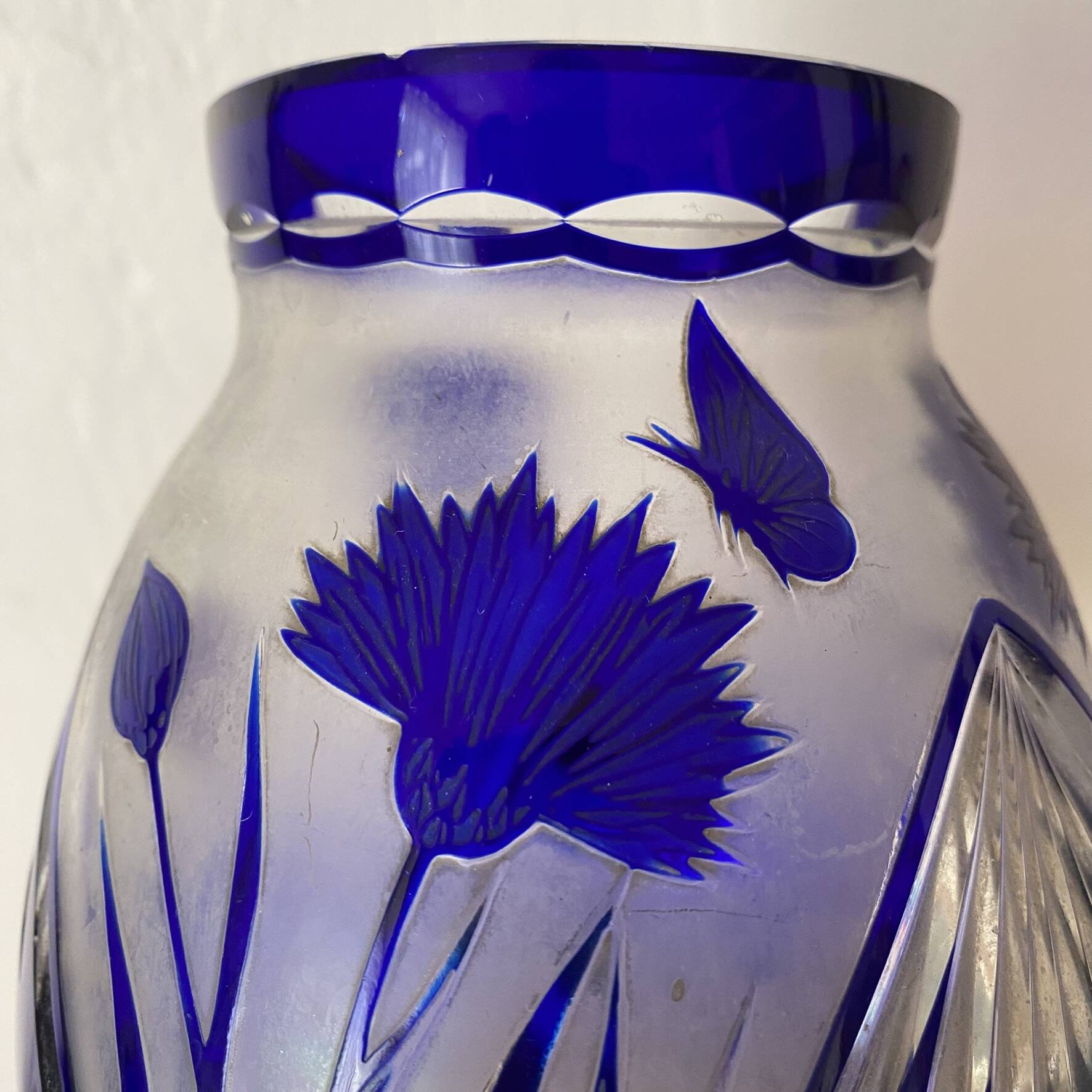 Cobalt blue double crystal vase signed G. Raspiller