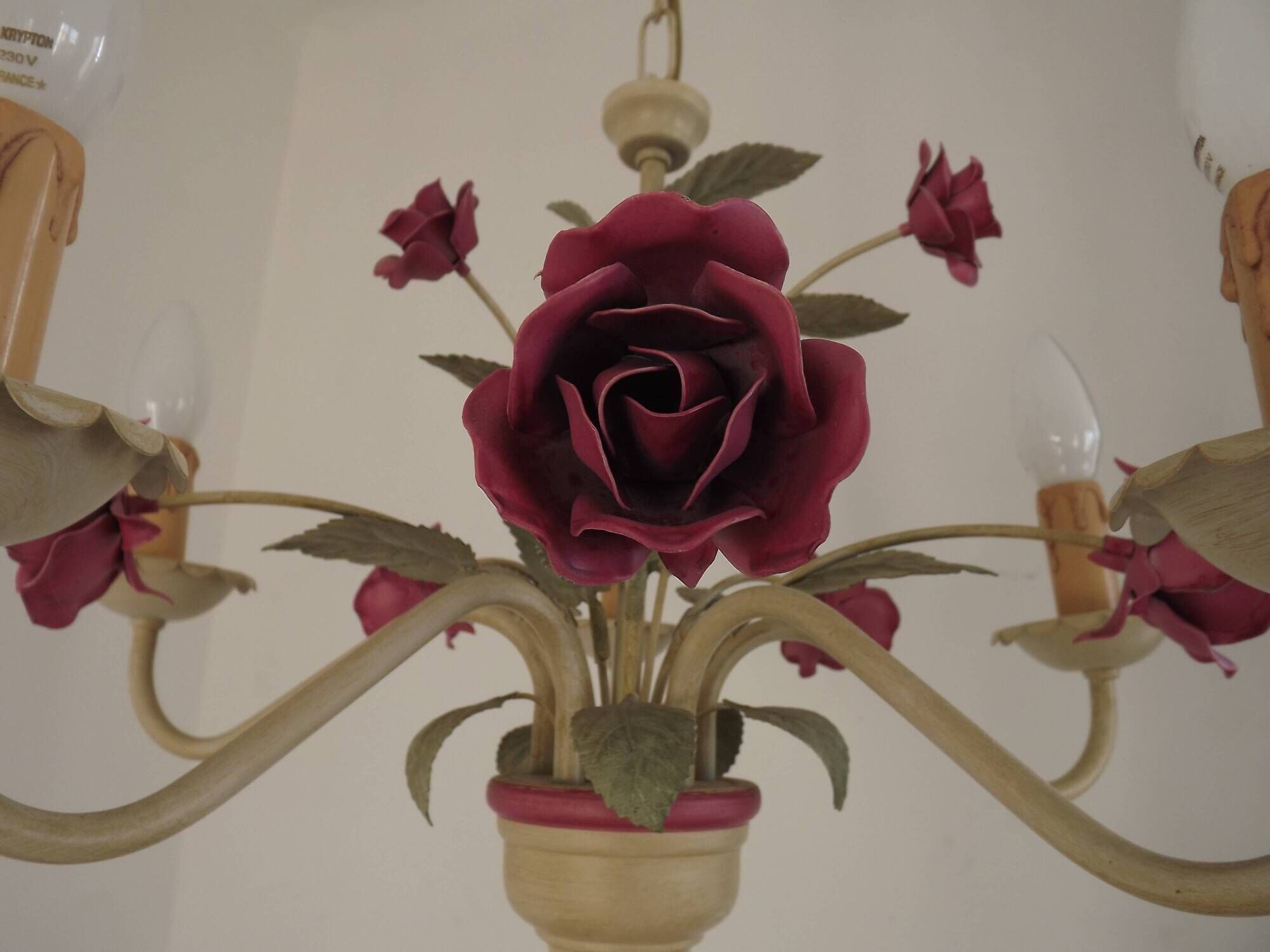 French vintage metal deep pink rose and green leaf 5-light chandelier