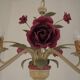 French vintage metal deep pink rose and green leaf 5-light chandelier