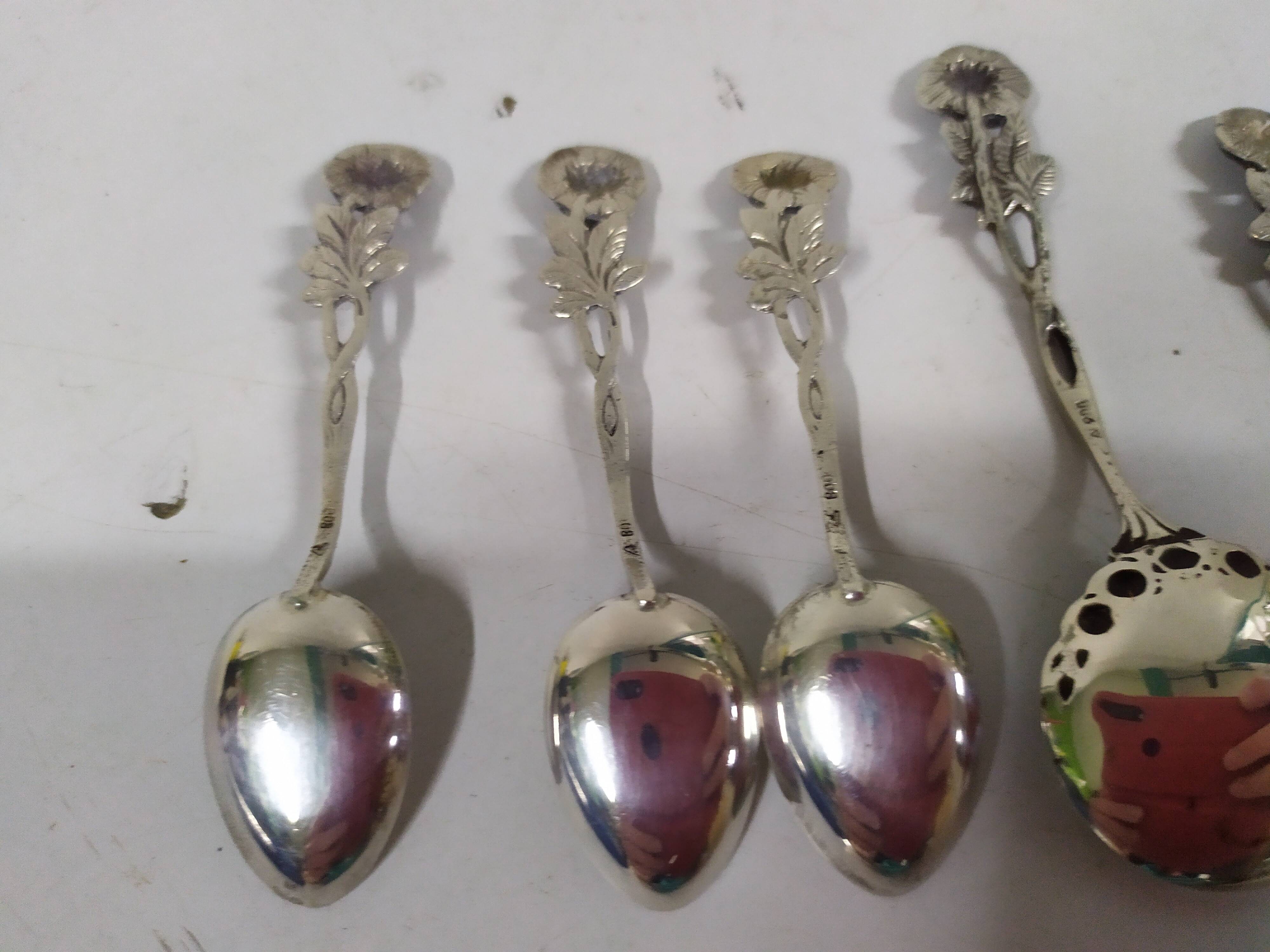 Lot de 6 cuilleres a moka cafe et 1 cuillère à sucre argent massif 800 - art déco rose